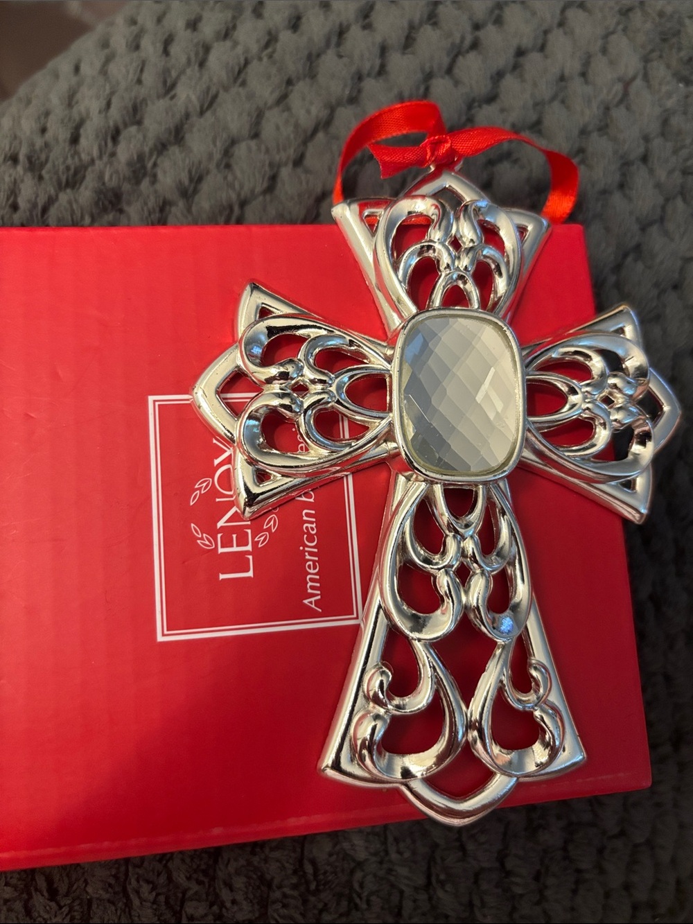 Lenox Silver Filigree Cross Ornament with Red Ribbon